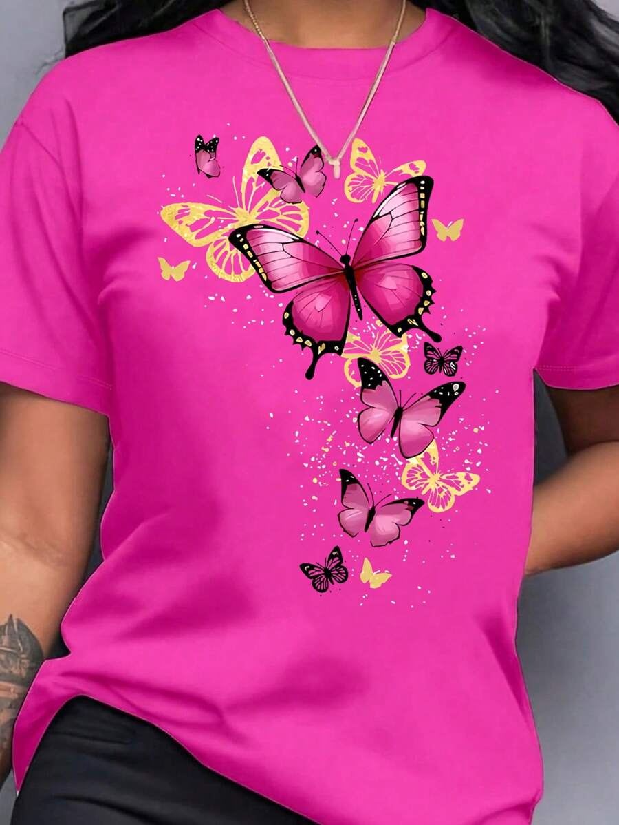 T-shirt col rond manches courtes imprimé papillon, style décontracté pour femmes. T-shirt à motifs pour femmes en été