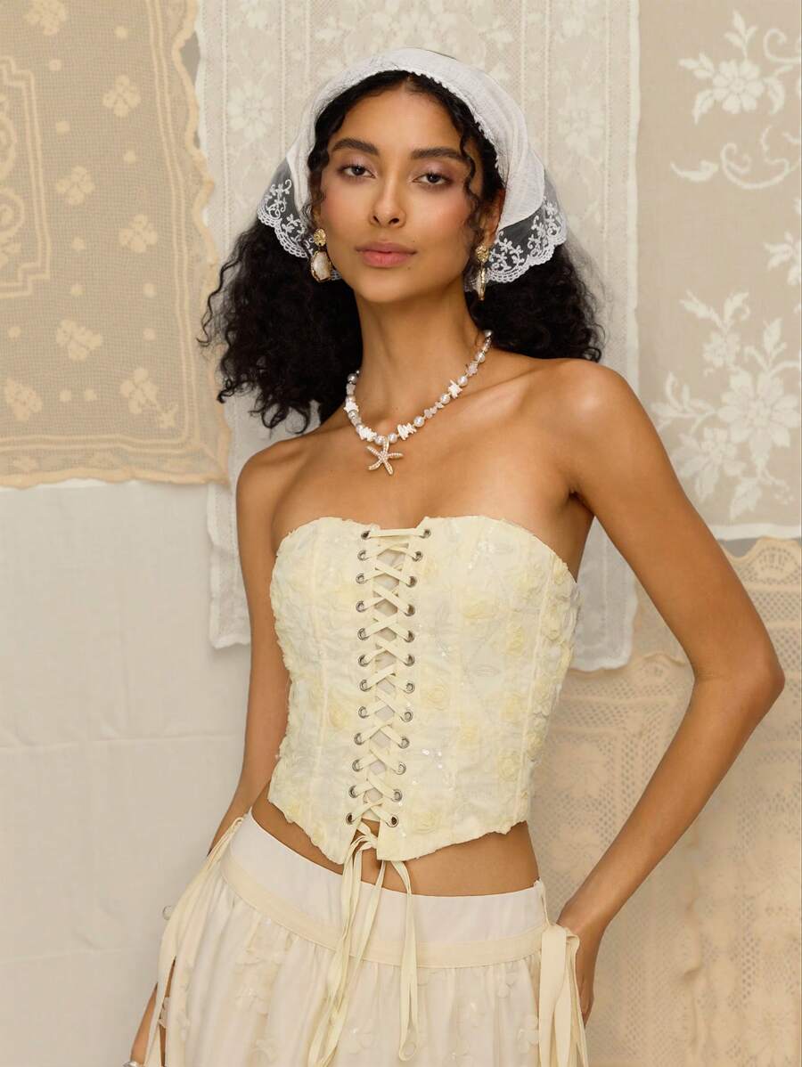 SHEIN MOD Women's Apricot Sequin Embroidered Fishbone Bustier