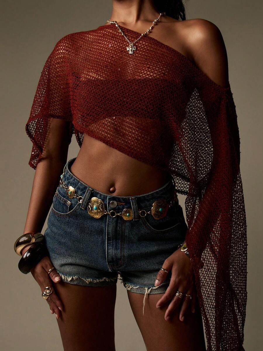 MISSGUIDED Crochet Fishnet Top Festival Boho Bohemian Knit Long Sleeve Cover Up Shoulder Summer Net Beach Mesh