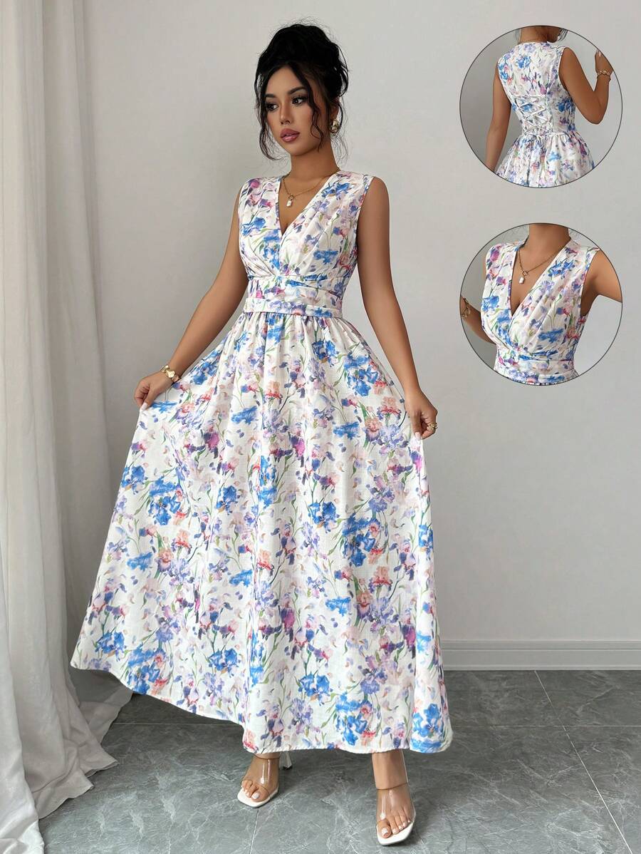 Elenzga Women's Elegant Fashionable Casual Comfy Vintage Charming Gentle Romantic Vacation Sleeveless V-Neck Backless Tie Waisted A-Line Flounced Hem Printed Dress (Random Print)