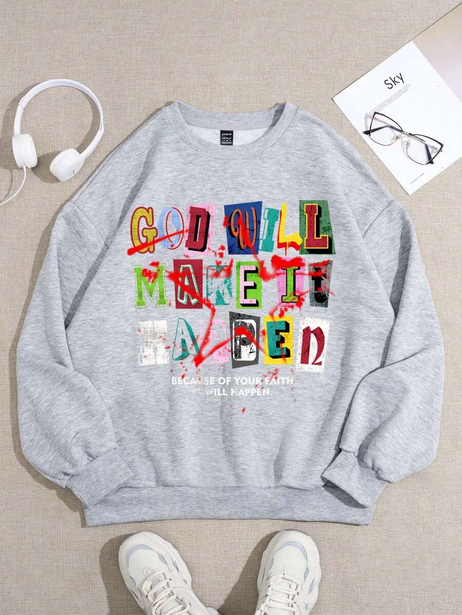 Slaydiva 2025 Autumn/Winter Street Style Y2K, Religious Belief, "God Will Make It Happen" Letter Print Loose Fit Crew Neck Long Sleeve Sweatshirt For Women