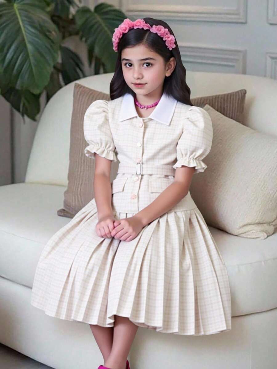 Vestido casual y elegante para niñas preadolescentes de estilo escolar, vestido acampanado con estampado de cuadros violeta, cuello de camisa, mangas abullonadas y cinturón, apto para vacaciones, colegio, primavera/verano
