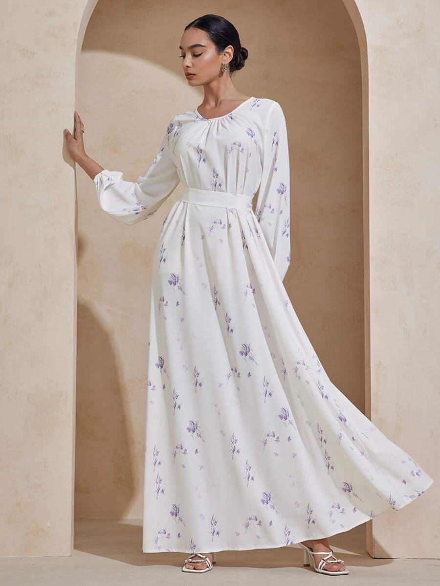 Graceveil Damen Kleid mit digitalem Muster, Rundhalsausschnitt, Langarm, Gürtel, schlicht & elegant im arabischen Stil