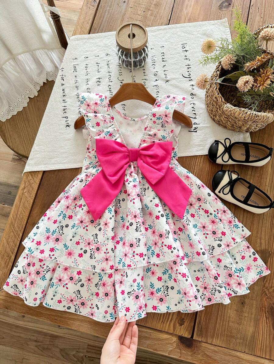 LMoss Kids Vestido tejido con decoración de mariposa, volantes y estampado floral pequeño para niña joven