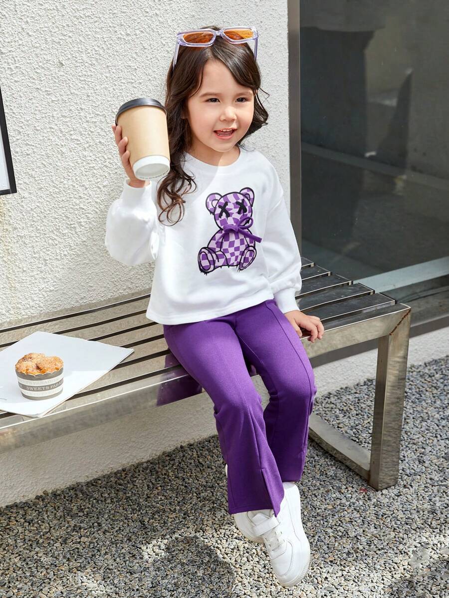 SHEIN Sudadera Con Hombros Caídos Y Dibujo Animado Para Niña Y Pantalones Con Dobladillo Dividido