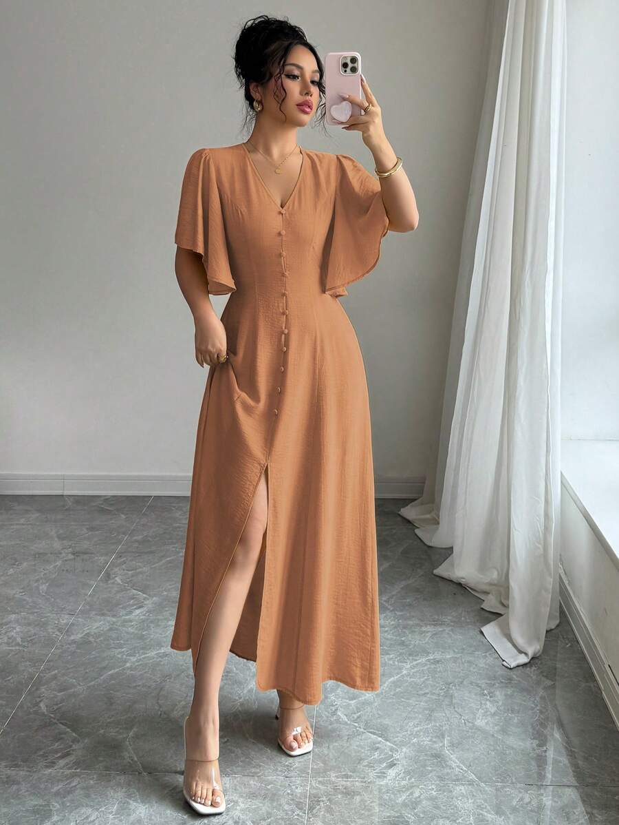 Elenzga Abito midi elegante da donna con scollo a V e vita in vita, maniche a campana, decorato con bottoni, ideale per casual, tè pomeridiano, feste, vacanze e pendolarismo, primavera/estate
