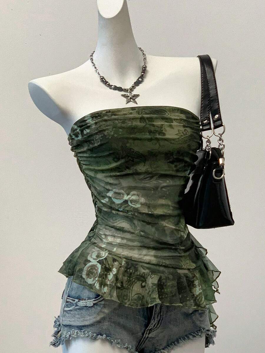 SHEIN EZwear Top a canottiera da donna con stampa floreale, in rete e arricciata