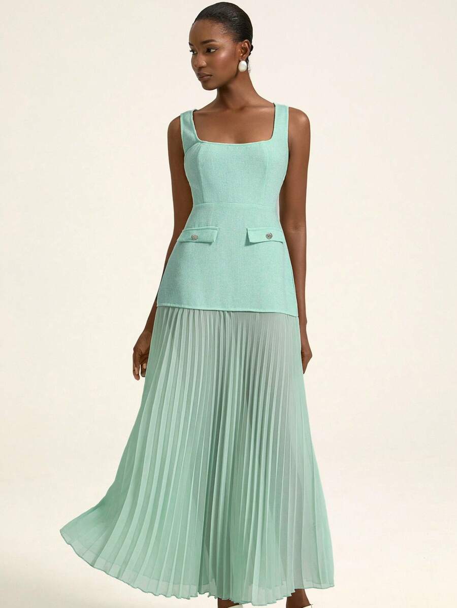 Aveloria Rosie French Vintage Elegant & Graceful Lady Style Loose Sleeveless Chiffon Splice Pleated Hem Waist Decorated Dress