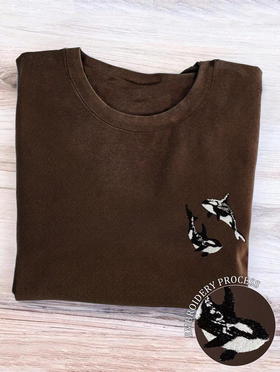 SHEIN EZwear CURVE T-shirt a maniche corte con scollo rotondo, ricamo orca, di taglia comoda