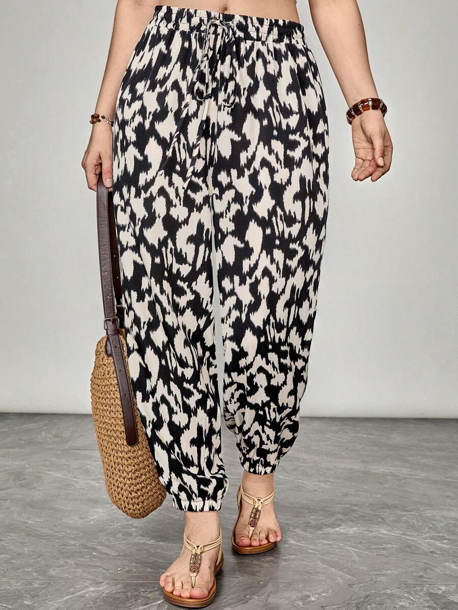 SHEIN LUNE Plus-Size Women'S Summer Geometric Pattern High Waist Lace-Up Hem Casual Casual Everyday Women'S Pants For Going Out