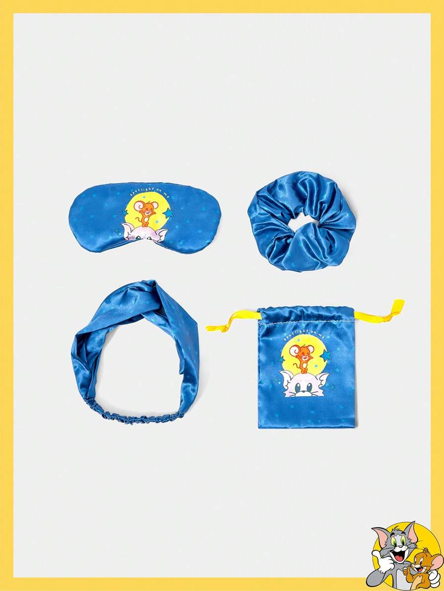TOM & JERRY X SHEIN 4 Peças Conjunto: Máscara de Olhos e Scrunchie para Cabelo de Seda Sintética com Estampa de Céu Estrelado e Rato