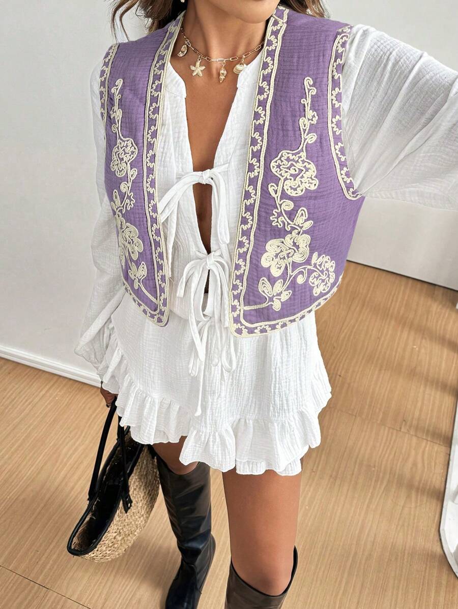 SHEIN Frenchy Chaqueta informal sin mangas con bordado floral para mujer, adecuada para vacaciones de primavera y verano