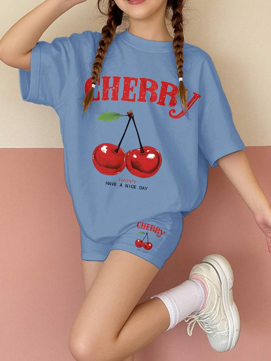 Set de 2 piezas de camiseta de manga corta holgada y leggings casuales y sencillos para adolescentes, apropiado para el verano
