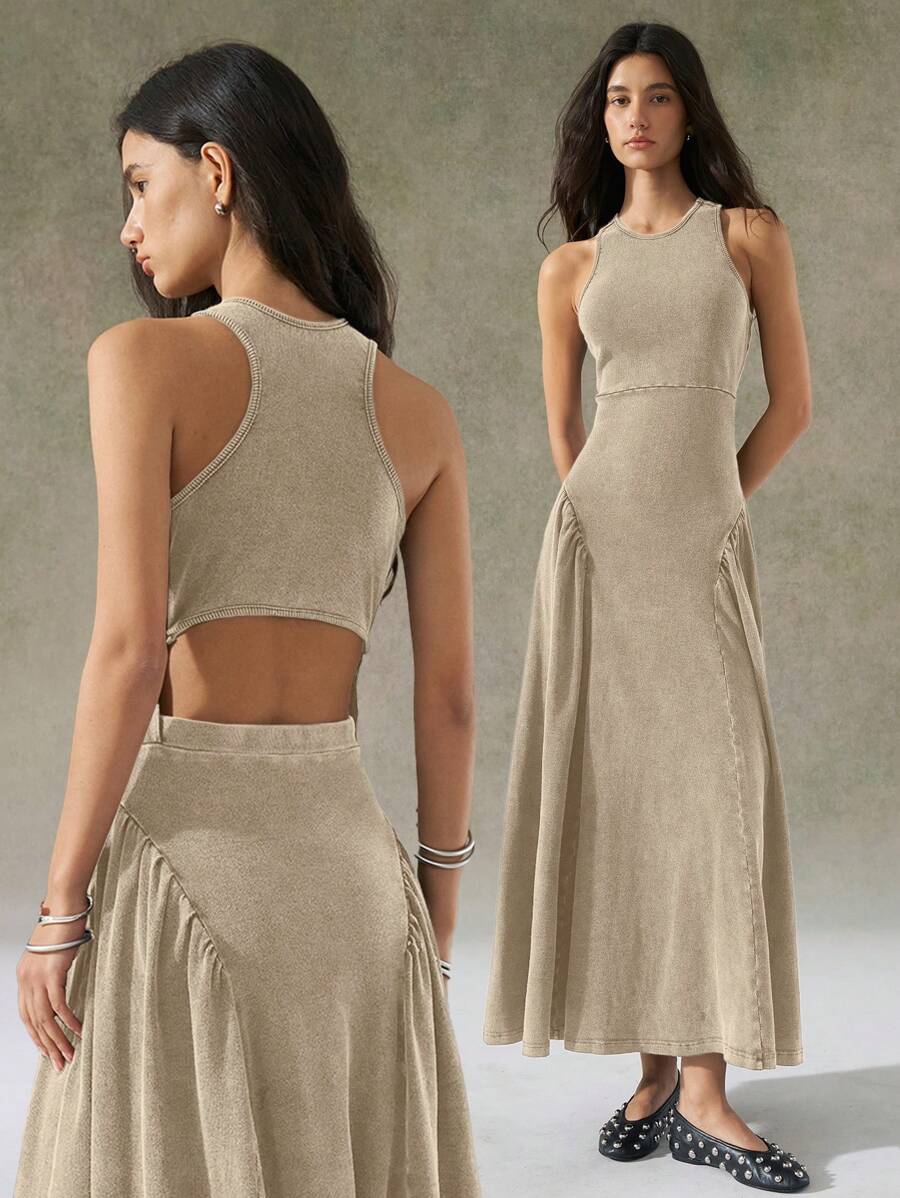 LYSMO 2025 New Arrival Women Summer Khaki Distressed Wash Racerback Long Dress