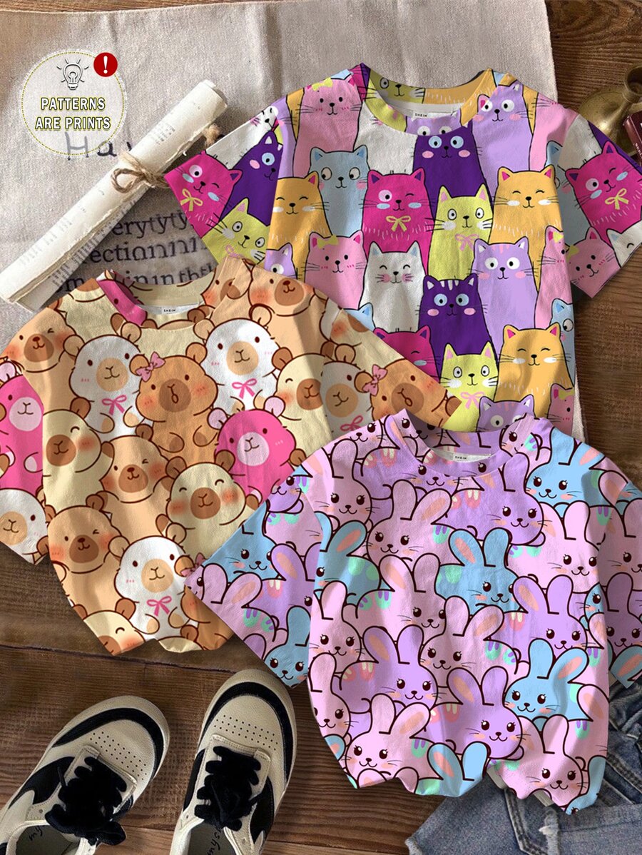 Tween Girls 3-Piece Set: Casual Minimalist Colorful Cartoon Rabbit Printed, Muted Butterfly & Piplup Printed, Colorful Cartoon Cat Printed, Round Neck Short Sleeve T-Shirt Multiple Pieces, Suitable For Summer Bliss, Vacation Kidswear, Holiday Feels, Walk In Style, Color Pop, Grad Ready, Holiday Season