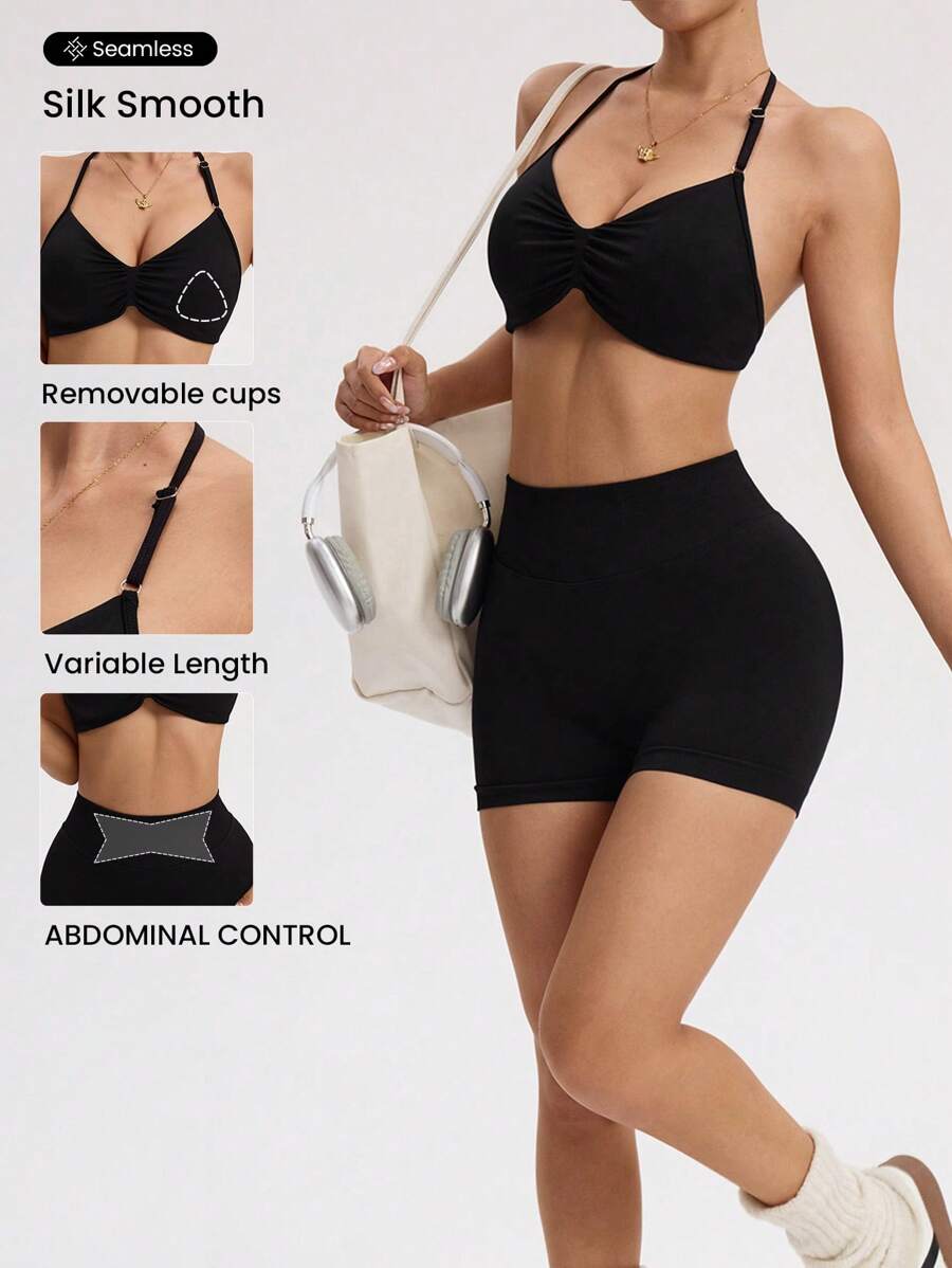 SHEIN Sport Studio 2pcs Seamless Sports Yoga Racerback Tank & Shorts Set, High Waist Tummy Control Butt Lift, Sexy Open Back, Suitable For Yoga, Fitness, Running Workout Clothes Women Women Sports Outfit Workout Top Women Women Clothing Athletic Workout Gear Women