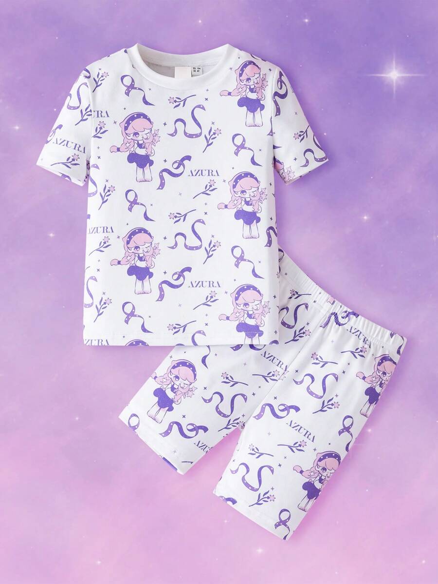 Pop Mart Azura X SHEIN Young Girl Dreamy Purple Cartoon Graphic White Short Sleeve T-Shirt & Shorts Cute Comfortable Pajama Set