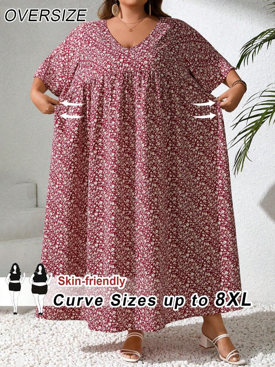 SHEIN CURVE+ Vestido holgado de mujer talla grande con estampado floral pequeño, escote en V y mangas cortas tipo babydoll,vestido árabe, ropa árabe, vestimenta bohemia para vacaciones de verano / país / playa, atuendos de playa, ropa de playa