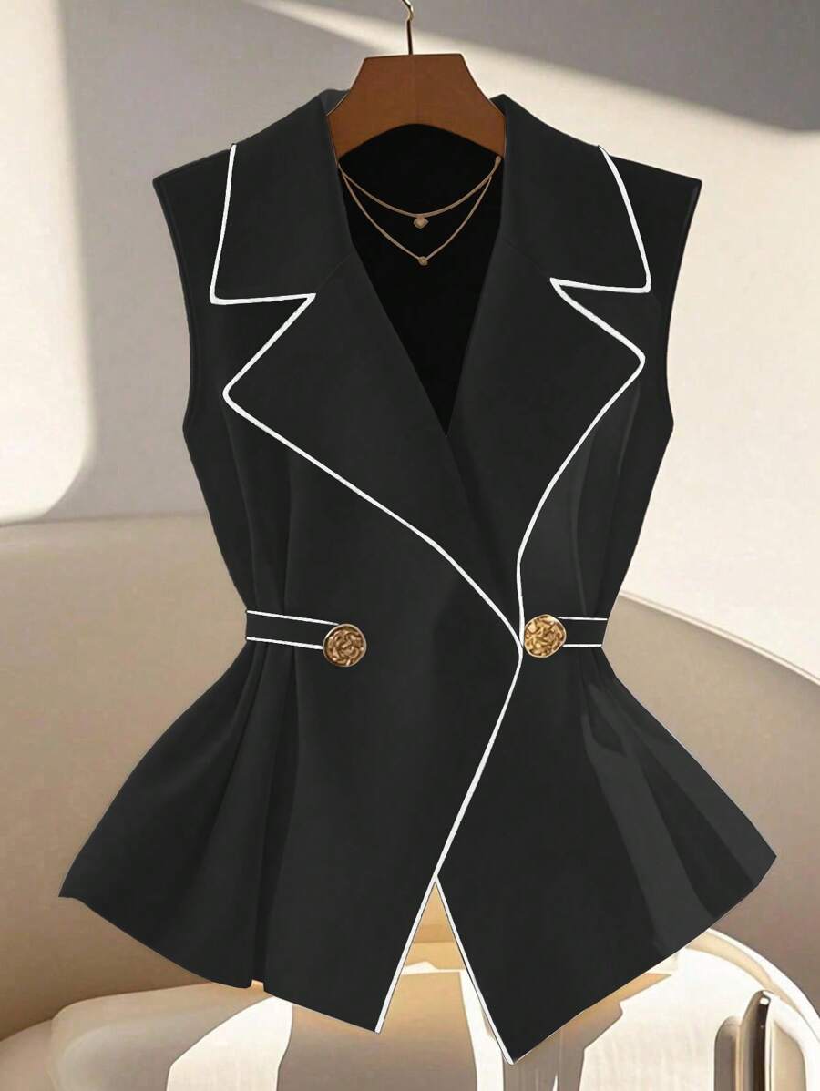 Franclia Camicia elegante da donna senza maniche, a doppio petto con vita stretta