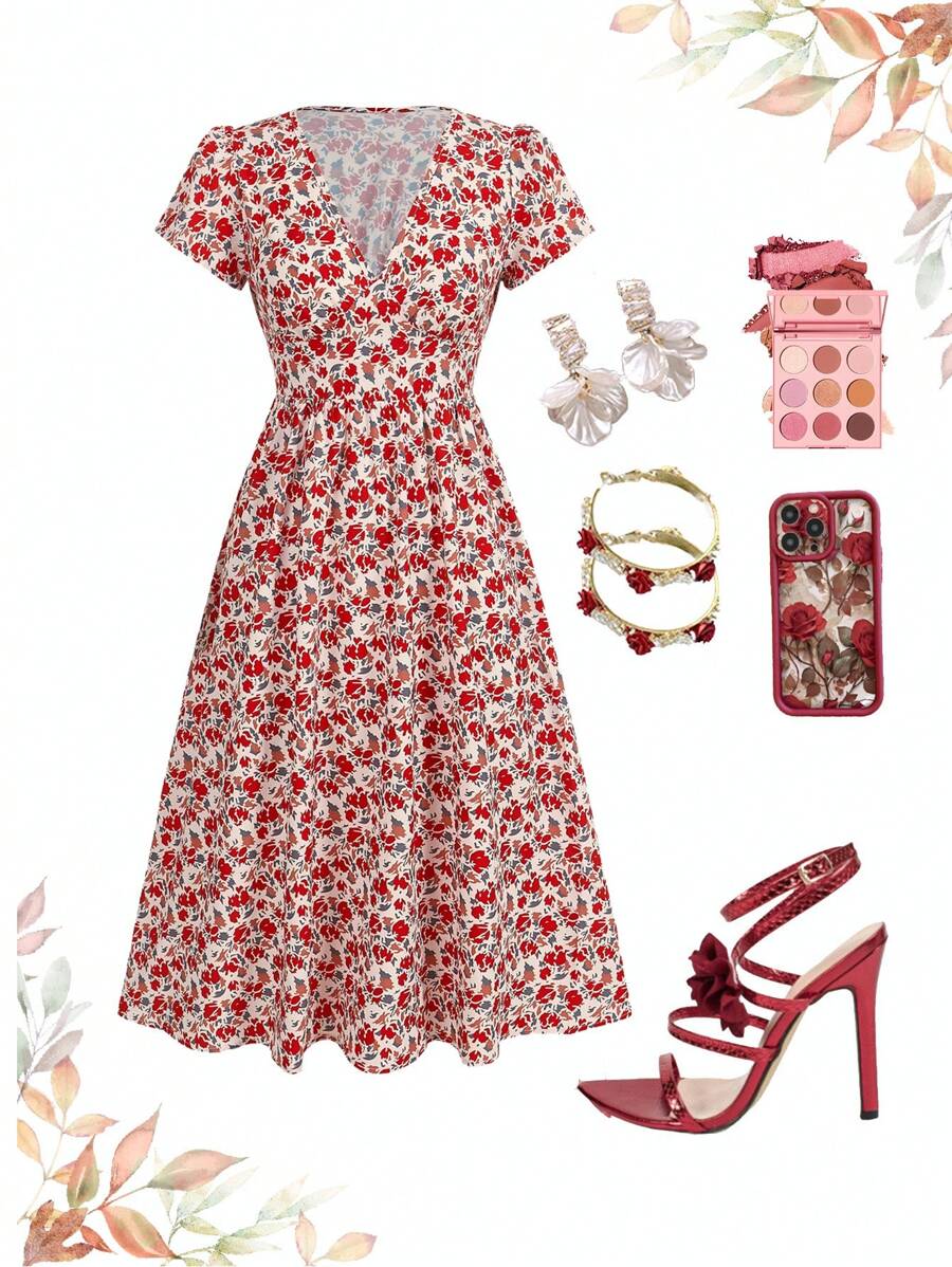 Ellevyn Shirred Rose Print Elegant Cinched Waist Waist Dress