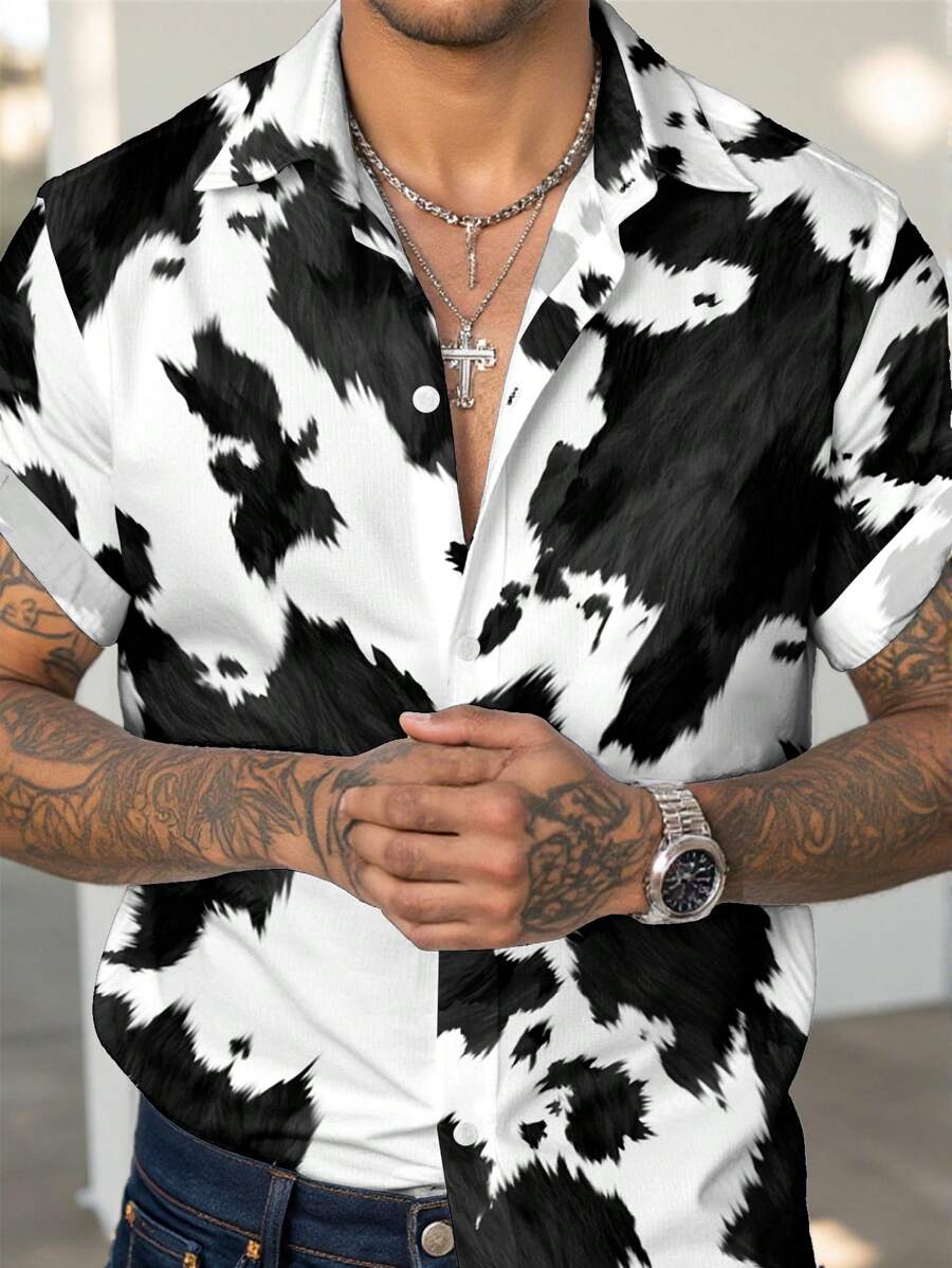 Manfinity RelaxMax Camisa casual de manga corta de verano para hombre con botones frontales y estampado total