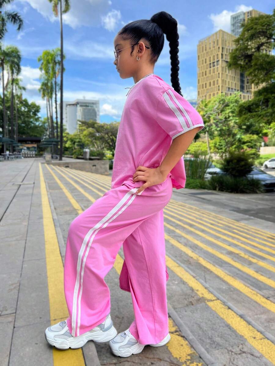 Conjunto informal de niña preadolescente para uso diario escolar, conjunto de Top suelta de cuello redondo con ribete de cinta a contraste y pantalón de chándal a juego, color rosa claro