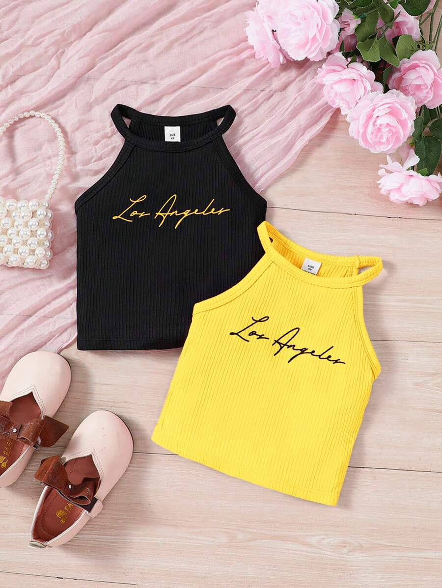SHEIN 2pcs Set Young Girl Neck Hanging Letter Pattern Fashionable Cute Letter Graphic Tank Top