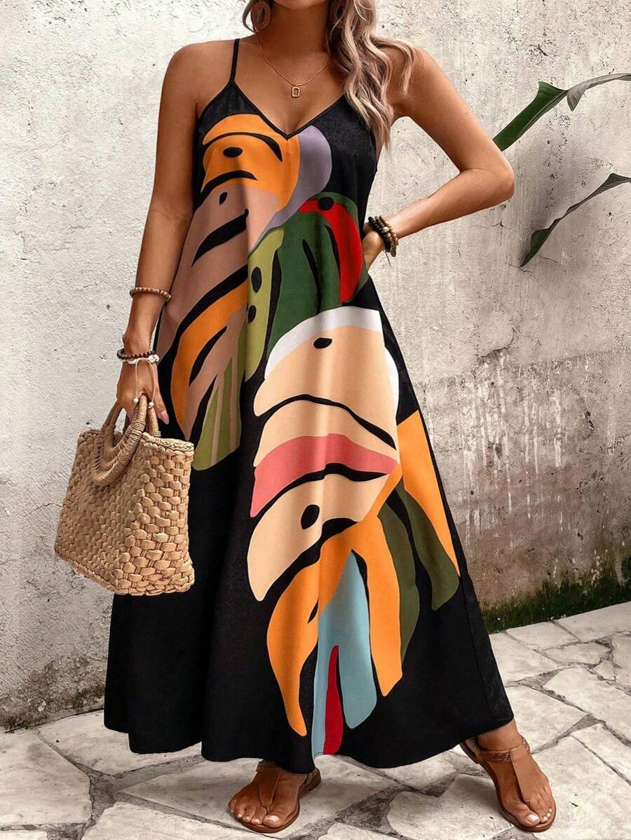 Breezaya Vestido de tirantes con estampado floral y de hojas, de corte holgado en talla grande, para mujer, ideal para el verano