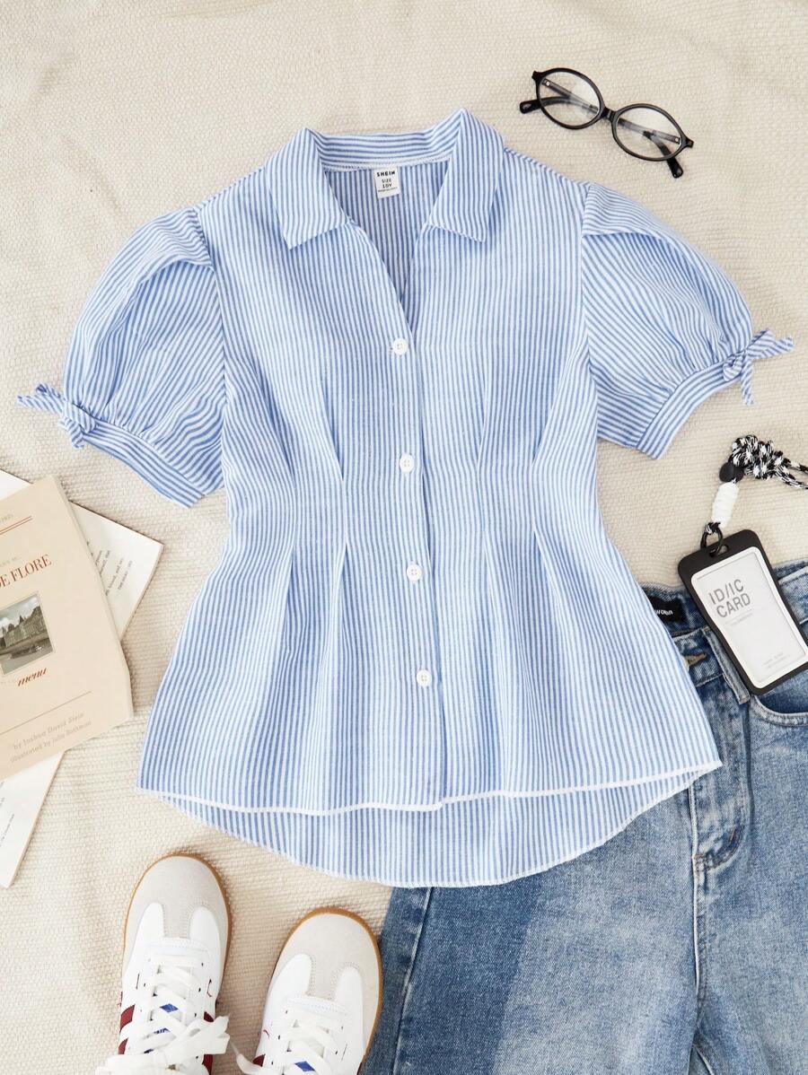 SHEIN Striped Button Front Short Sleeve Casual Shirt, Lantern Sleeve, Bowknot Ruched Waist A-Line Flattering Style, Suitable For Teen Girls, Commuting And Vacation In Summer Blue And White Striped Shirt Girls Blue Striped Shirt Teen Girl Summer Shirt