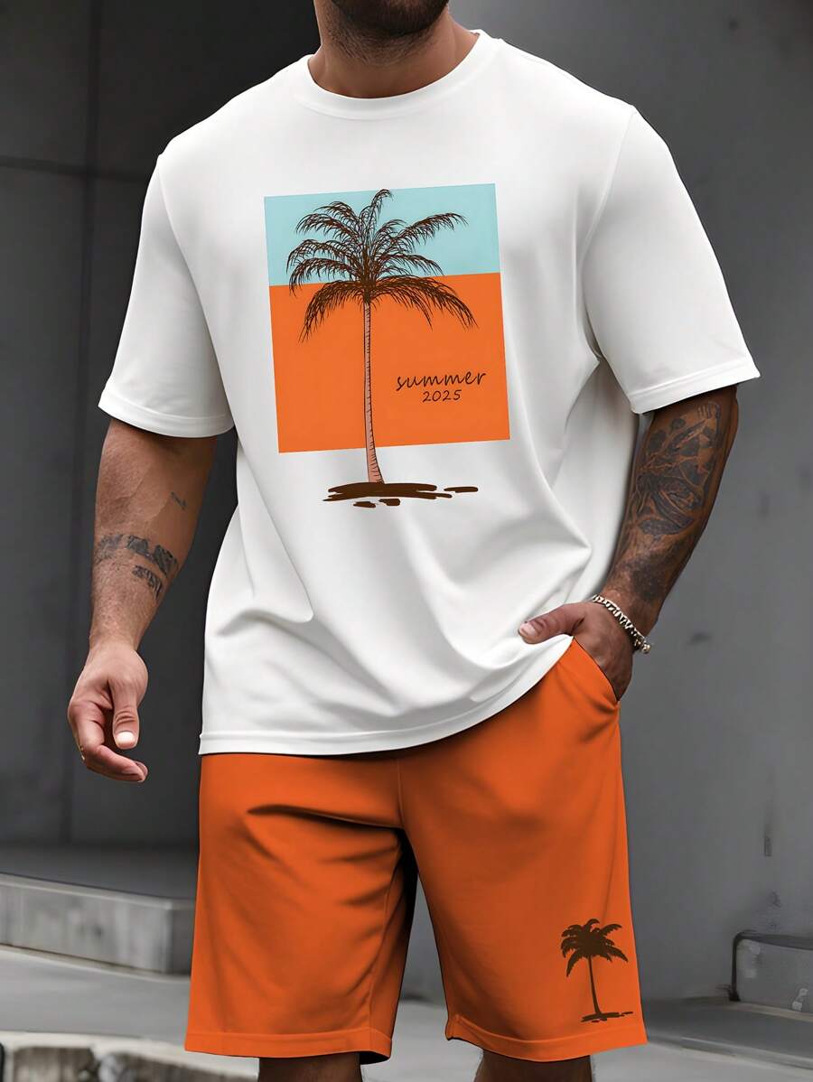 Manfinity RSRT Plus Size Men Floral Print Contrast Color Short Sleeve T-Shirt And Pocket Shorts Set