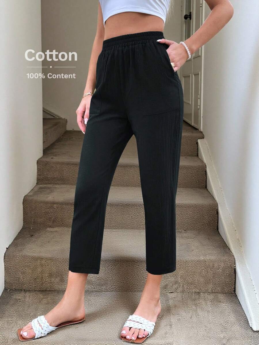 SHEIN LUNE Damesbroek met trekkoord in de taille en zakken, gemaakt van katoen, ideaal voor vrije tijd en vakantie in de zomer Zwarte broek voor dames Shein Tall Pants