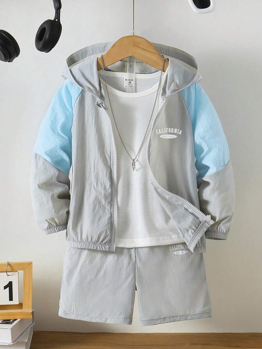 Set de 2 piezas de chaqueta y pantalones cortos con bloques de color para niños pequeños, apropiado para deportes, al aire libre, escuela, primavera/verano/otoño