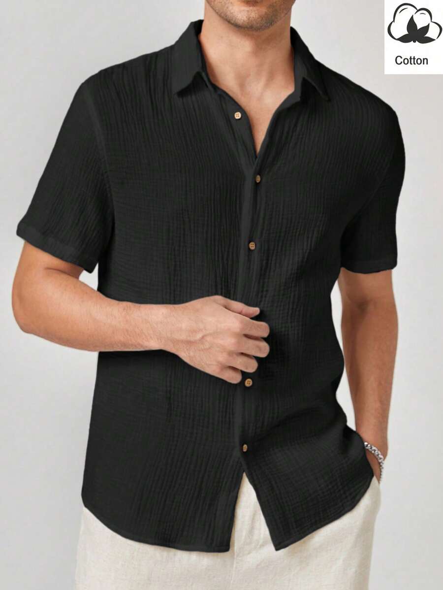 HIMLAND Men's Casual Solid Color Front Button Short Sleeve Shirt, Summer Men Black Short Sleeve Shirt Mens Textured Shirt Mens Black Shirt Mens Summer Shirt