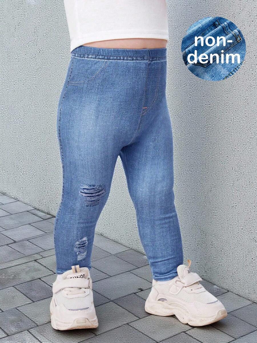 SHEIN Bebé niña Leggings efecto denim con estampado de cintura elástica