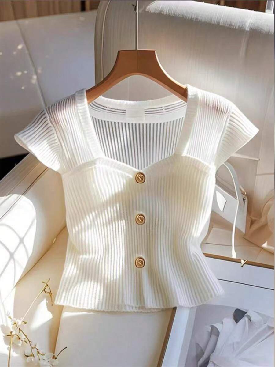 GlowEve Women's Summer Button Design Sweetheart Neck Cap Sleeve T-Shirt