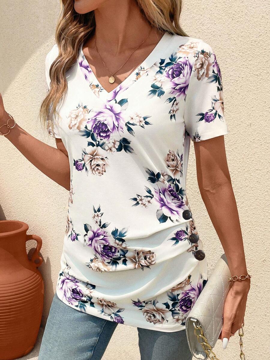 SHEIN Clasi Maglietta da donna scollo a V, manica corta, di moda per l'estate
