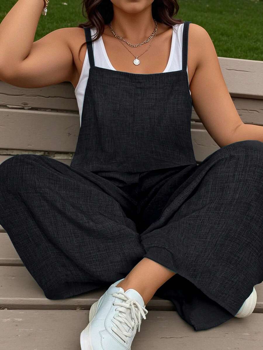 EMERY ROSE Mono de una pieza de talla grande con efecto texturizado de tela vaquera, cuello cuadrado, para usar en casa y al aire libre