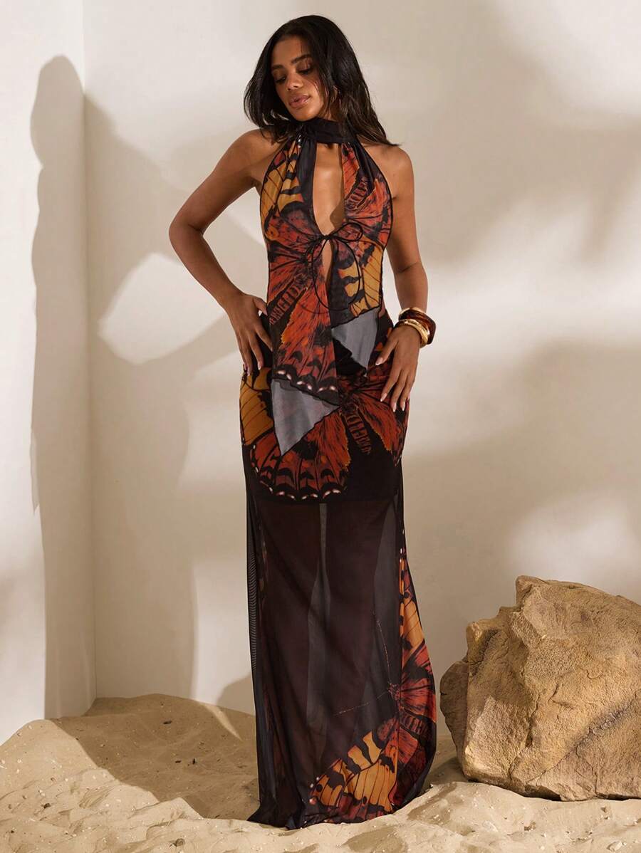 Opulessa Summer Outdoor Holiday Date Outfit, Beach Vacation Neckline Off-The-Shoulder Front-Belted Top And Half-Length Skirt With Retro Butterfly Print For Ladies, Summer Beach Set For Vacation, Back-To-School Outfit, Very Simple Outfit, Office Outfit, Old Money Outfit, Teacher Outfit, Date Outfit, Graduation Season, Ladies' Independence Day Clothing, Outfit For Attending Wedding Season Sister Afternoon Tea Party And Holiday Gathering