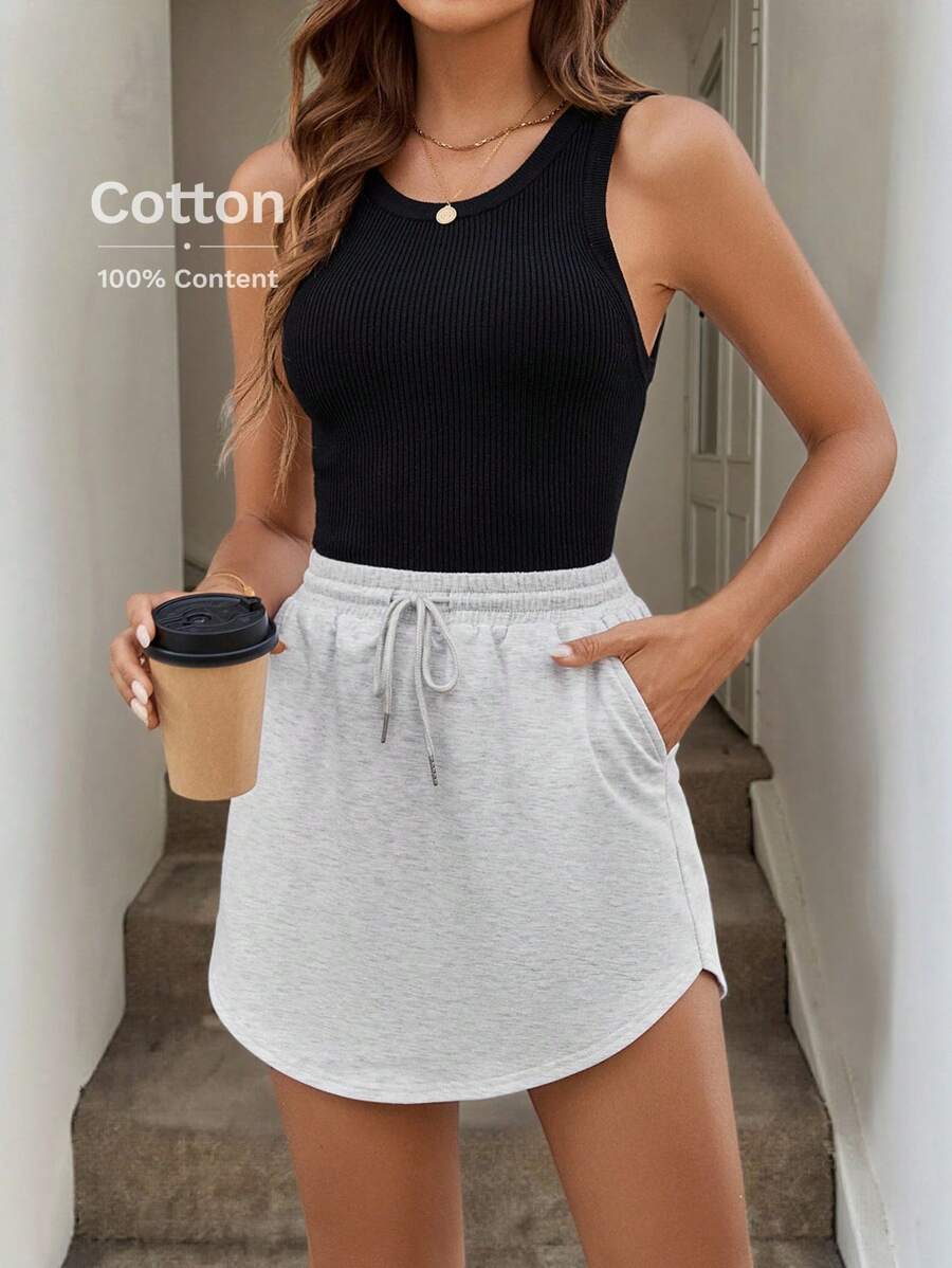 SHEIN LUNE Women's Drawstring Elastic Waistband Skirt With Pocket And Inner Liner Cloth, Comfortable For Vacation And Sporty Casual Outfits In Summer
