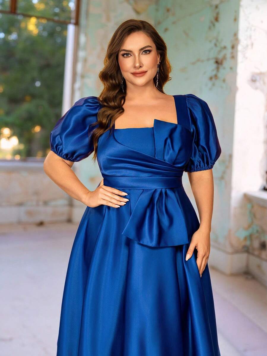 SHEIN Belle فستان زفاف ذو أكمام منتفخة وفيونكة كبيرة بتصميم أنيق رومانسي باللون الأزرق مقاسات كبيرة، فستان سهرة رسمي واسع بطيات كبيرة