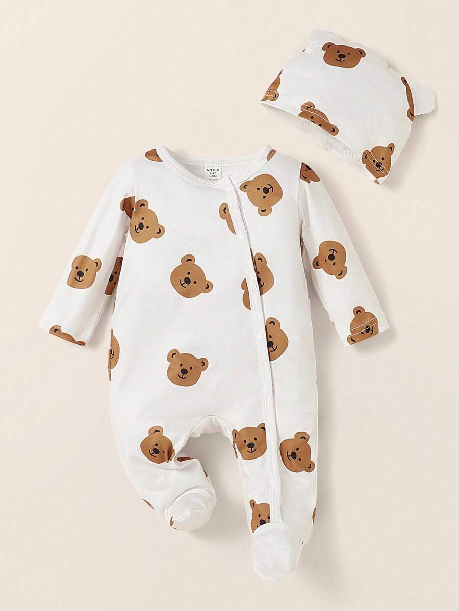 SHEIN 2pcs/Set Newborn Baby Boy/Girl Cartoon Bear Printed Long Sleeve Jumpsuit With Hat, Unisex Infant Clothes Suitable For Daily Wear, Birthday Party, Photography, All Seasons