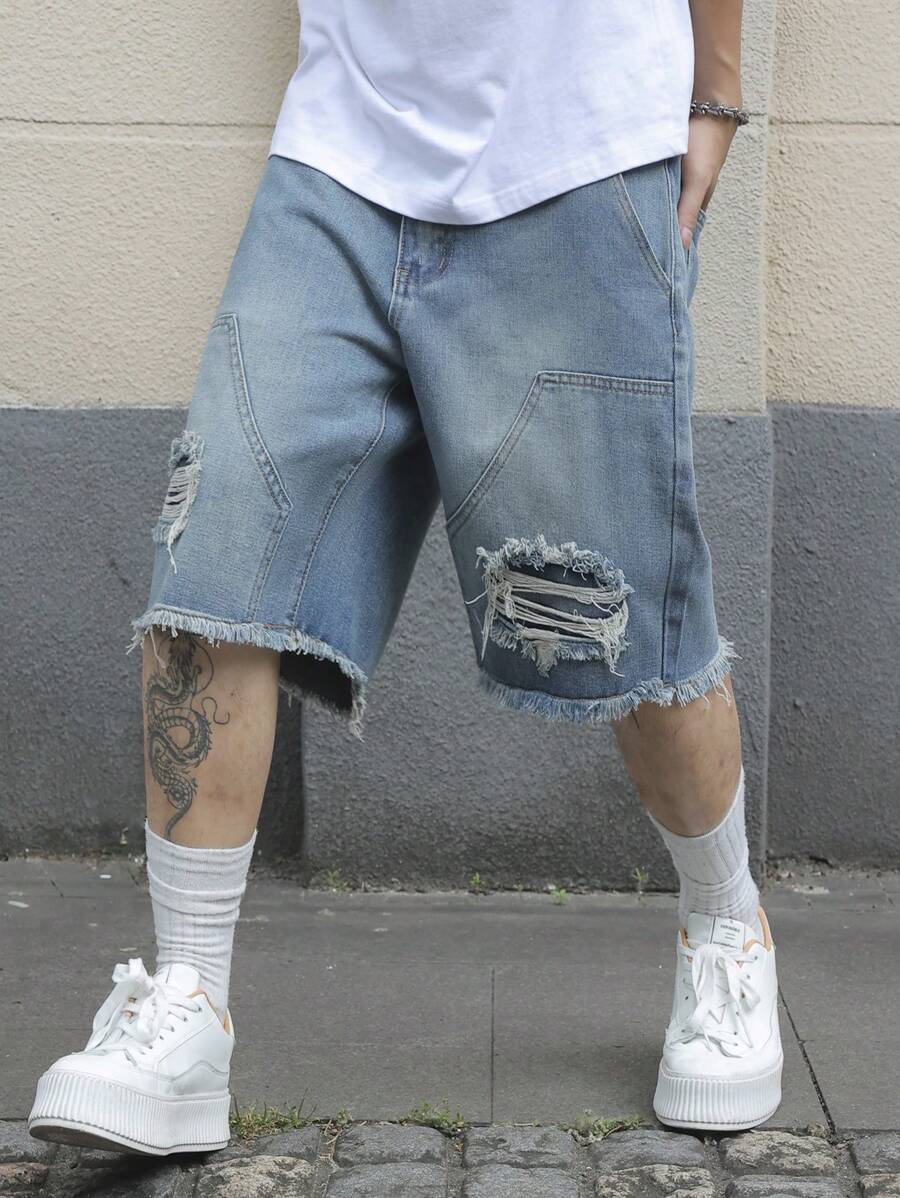 Manfinity EMRG Shorts de mezclilla de moda con bolsillos rotos y dobladillo deshilachado de unicolor para hombre