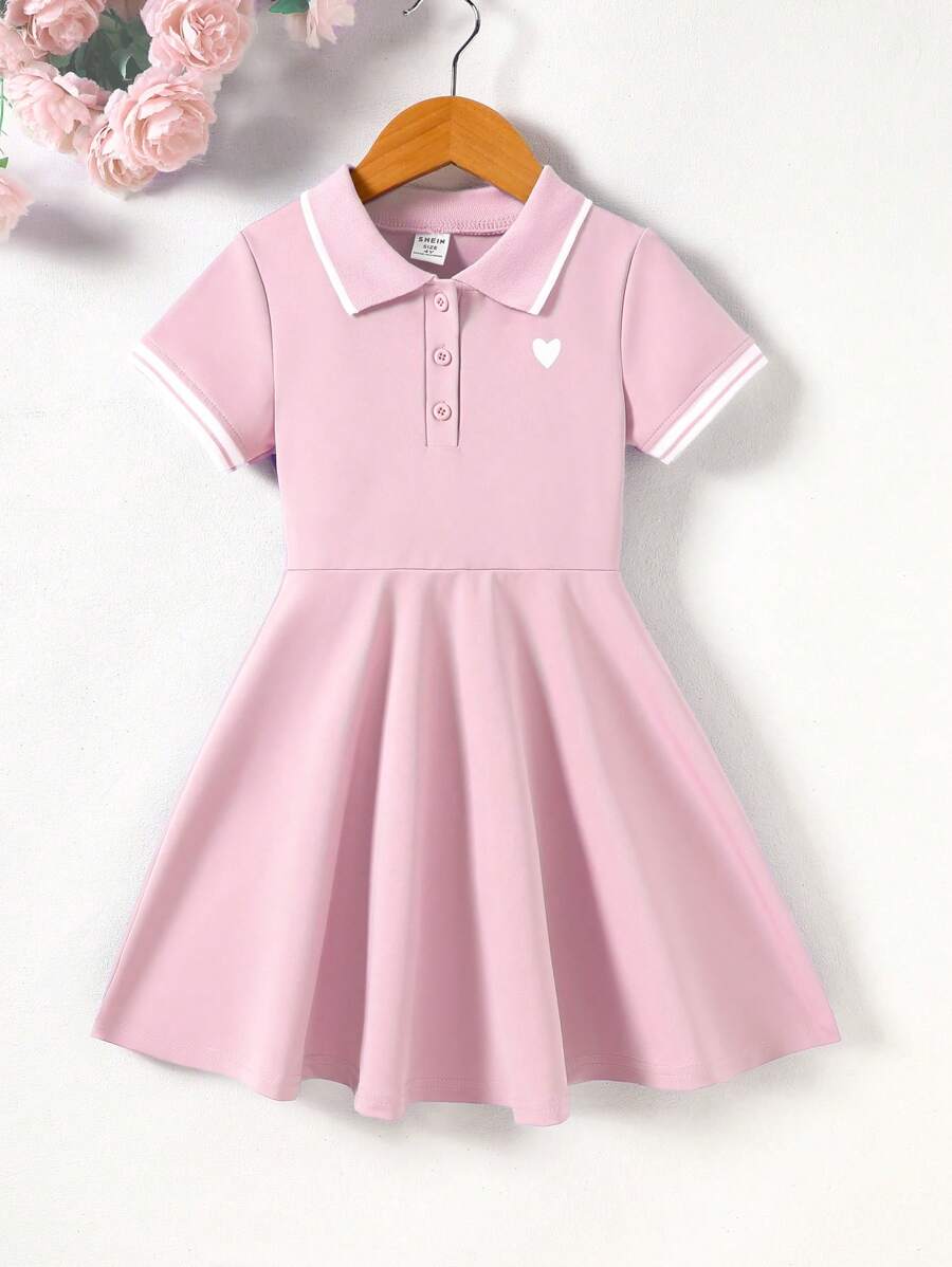 SHEIN Vestido con cuello polo y estampado de corazón para niña joven