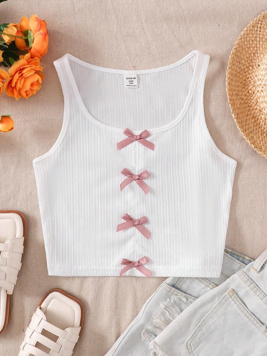 SHEIN Top de tirantes informal con decoración de lazo para niñas preadolescentes
