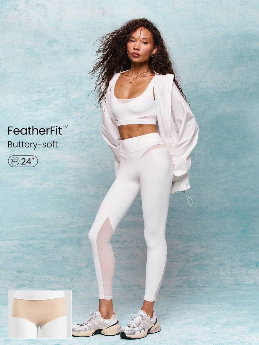 GLOWMODE 24" FeatherFit™ Flow On Buttery-Soft Sweat-Wicking Mesh Panel Non-See-Through Active Leggings Low Impact Yoga Pilates Barre Studio Daily Casual Wear