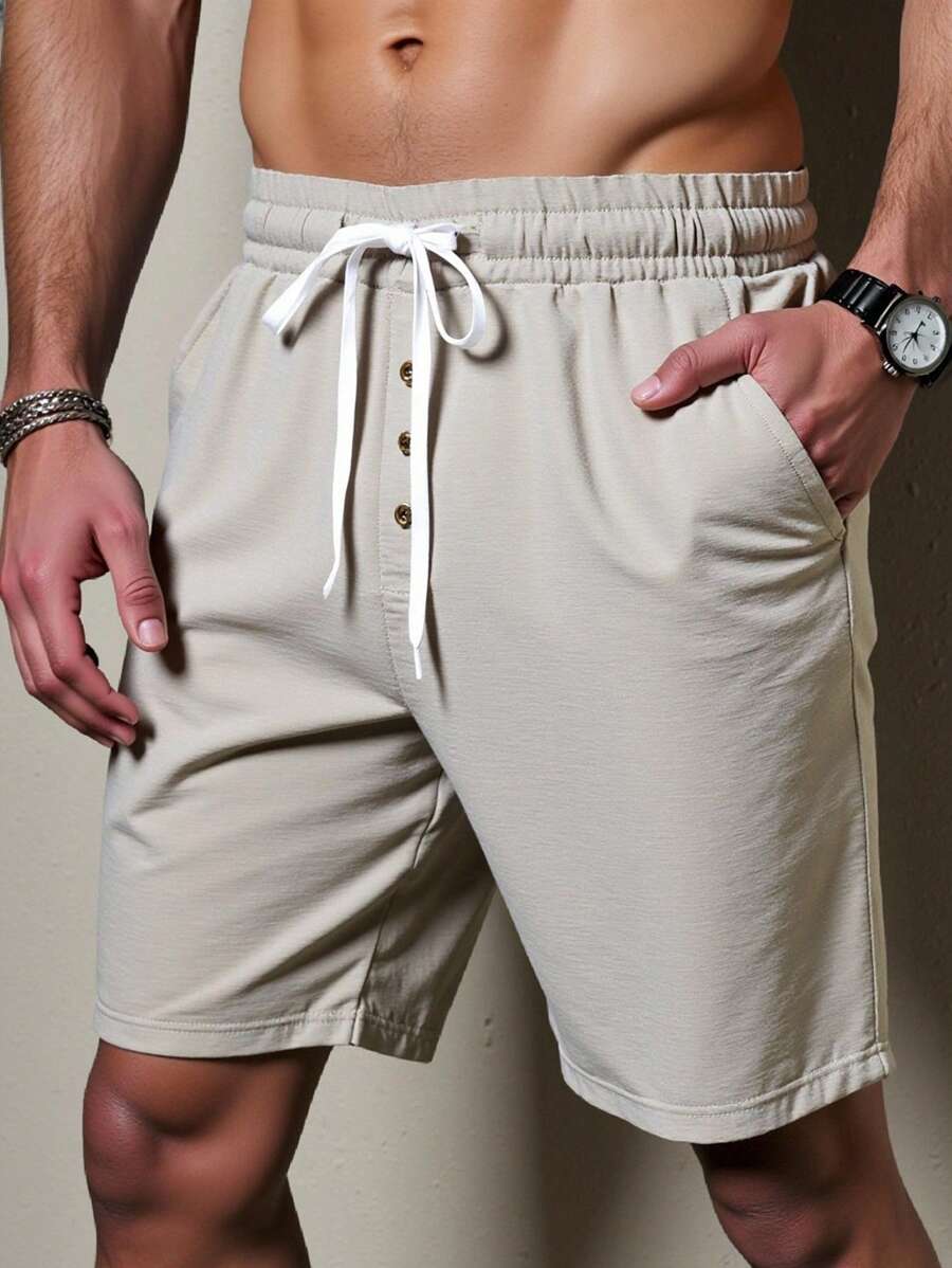 Manfinity Homme Shorts de playa de talla grande para hombre con bolsillo liso y cordón en la cintura, adecuados para el verano