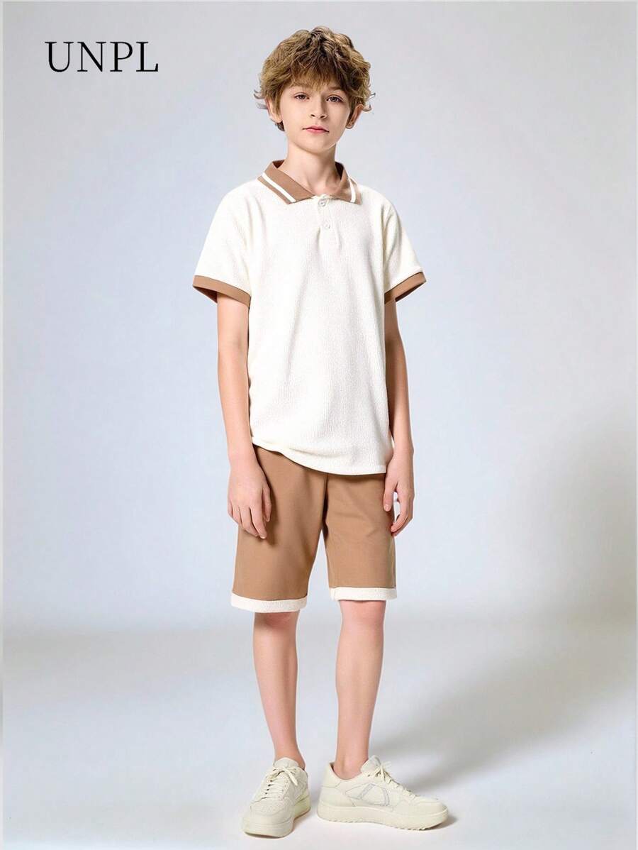 SHEIN Set de 2 piezas con camisa de polo a rayas de manga corta y pantalones cortos casuales para niño preadolescente