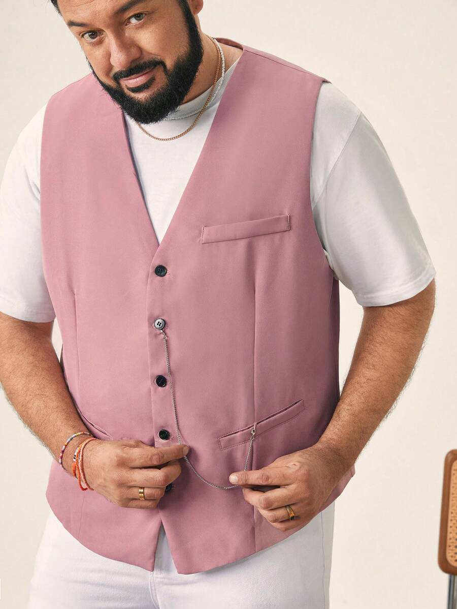 EASEVO Chaleco de traje tejido rosa de talla grande con ajuste ceñido sin mangas para hombres de moda urbana
