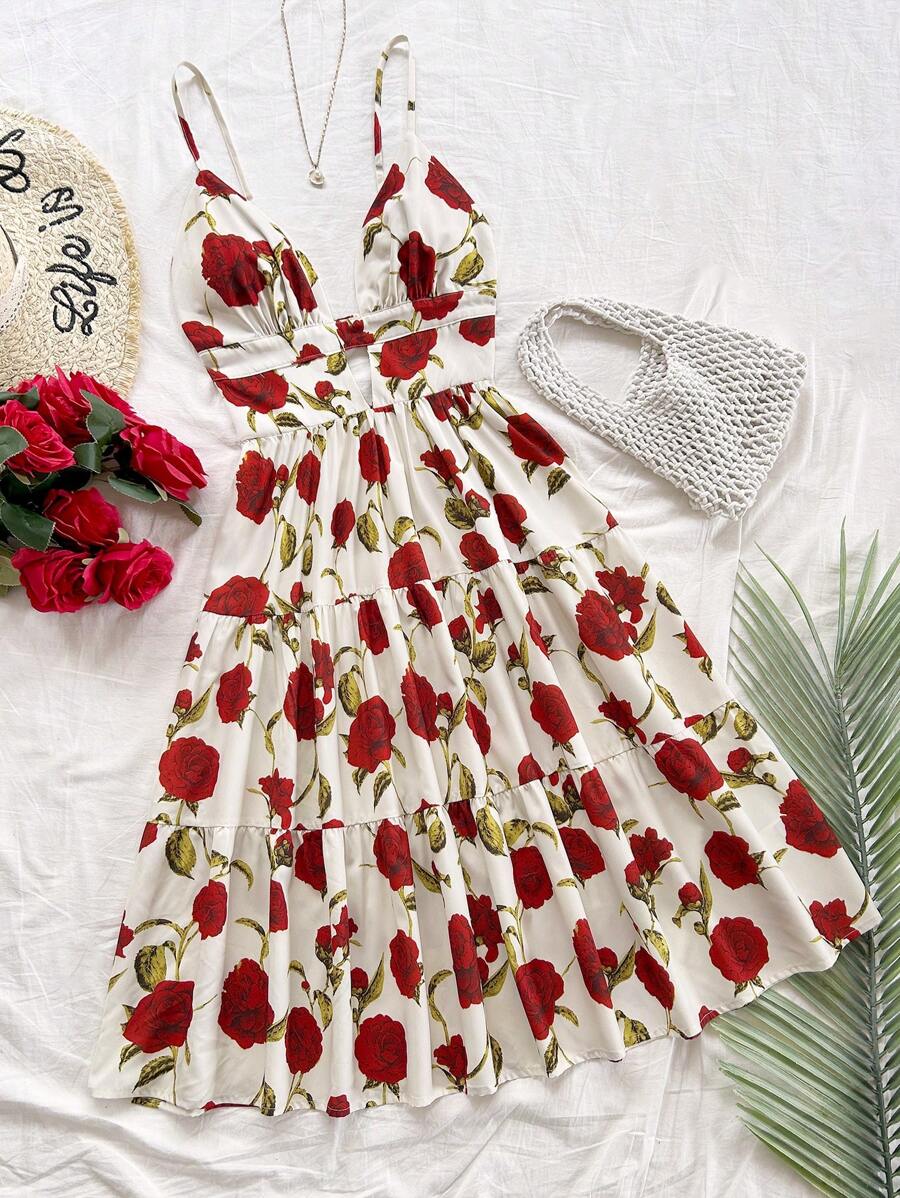 Soleia Vestido de tirantes finos con escote en V, espalda descubierta y largo medio para vacaciones de mujer. Vestido de mujer con estampado retro de parches de colores, para uso de verano.