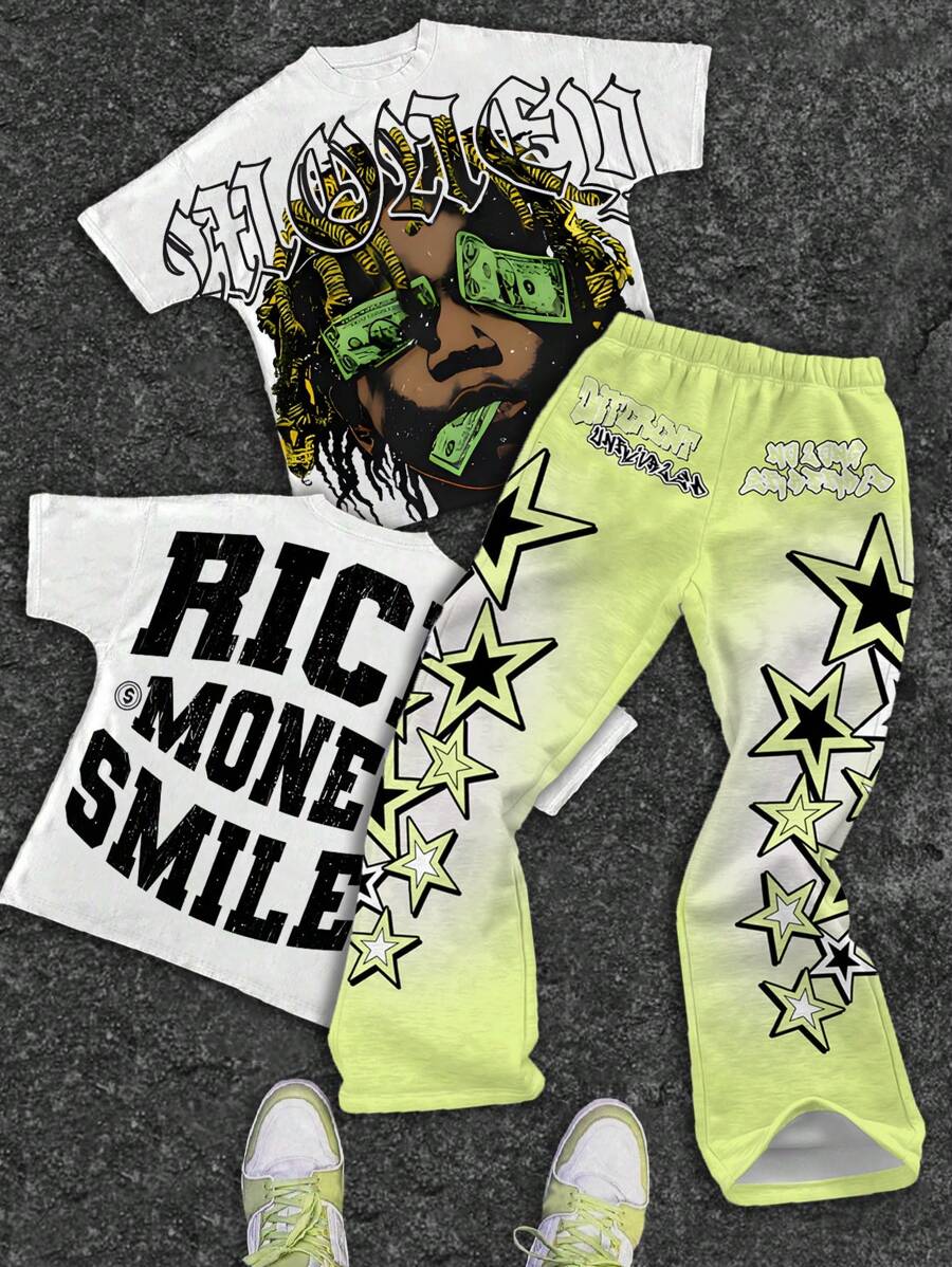 SHEIN Tween Boys Fashion Classic Cool Figure Portrait Graphic Tee & Slogan Printed Bell-Bottoms 2 Pieces Casual Outfit, Suitable For Summer